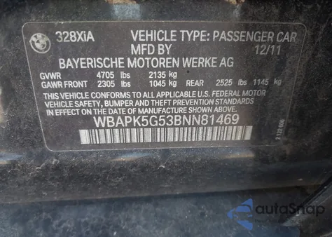 2011 BMW 328I xDrive из США, поврежденный, VIN WBAPK5G53BNN81469